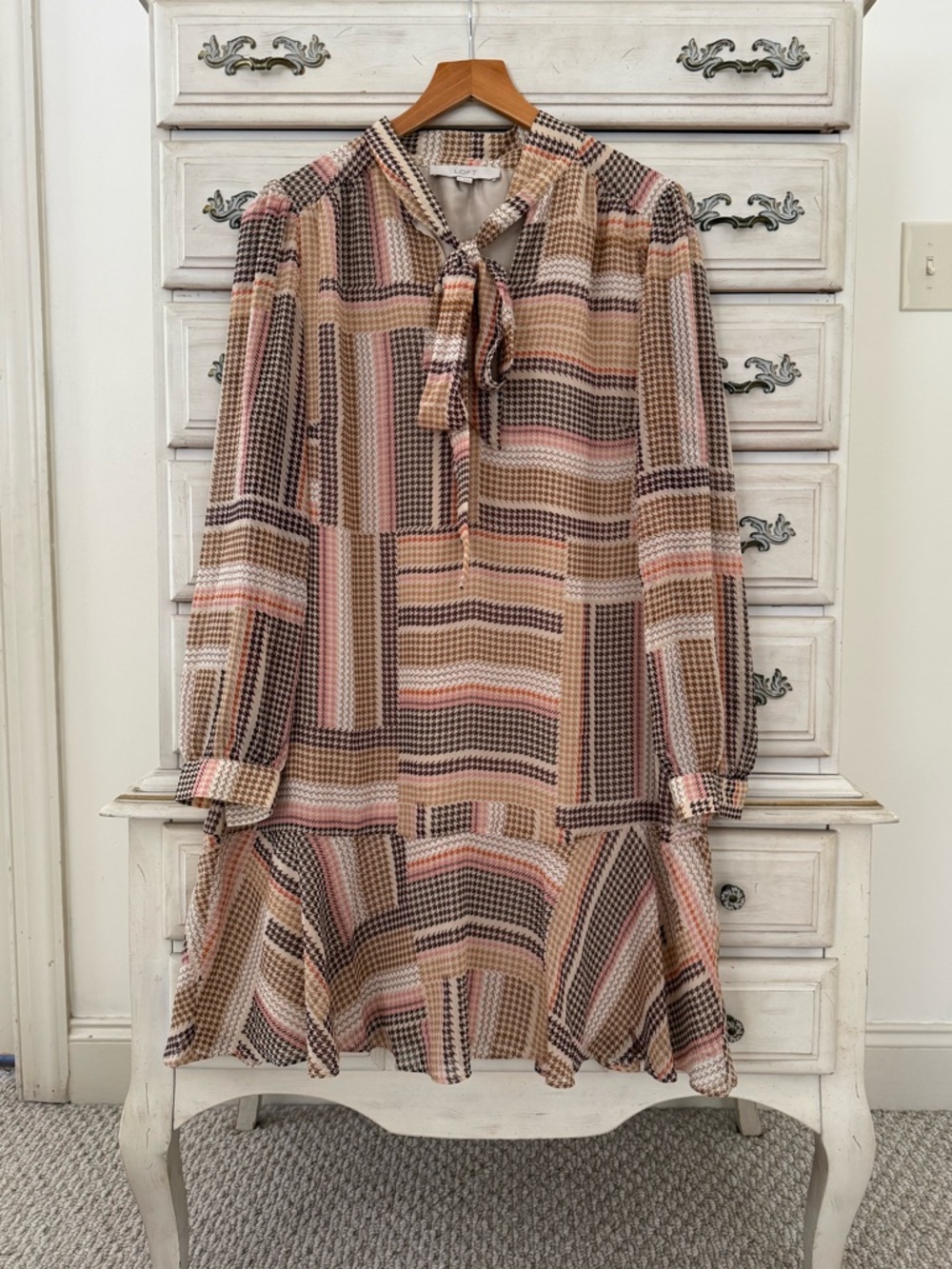 Loft Houndstooth Patchwork Chiffon Dress